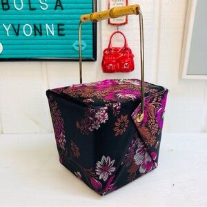 Chinese Takeout Box 90s Satin Floral Purse Handbag Bamboo